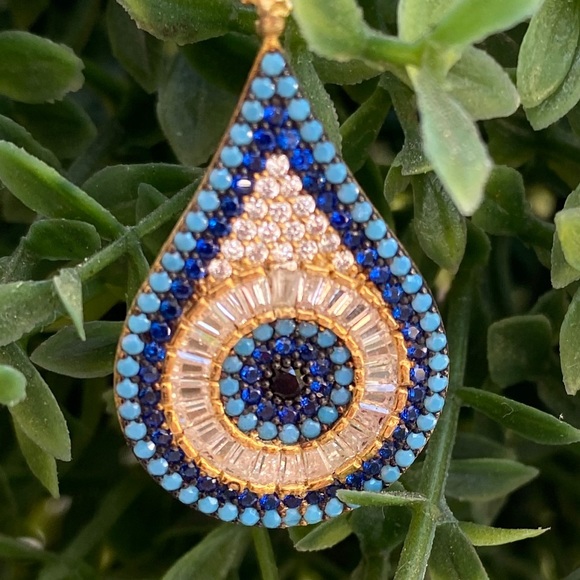 Sterling Silver Gold Plated Tear Drop Shape Evil Eye Necklace - Picture 2 of 2